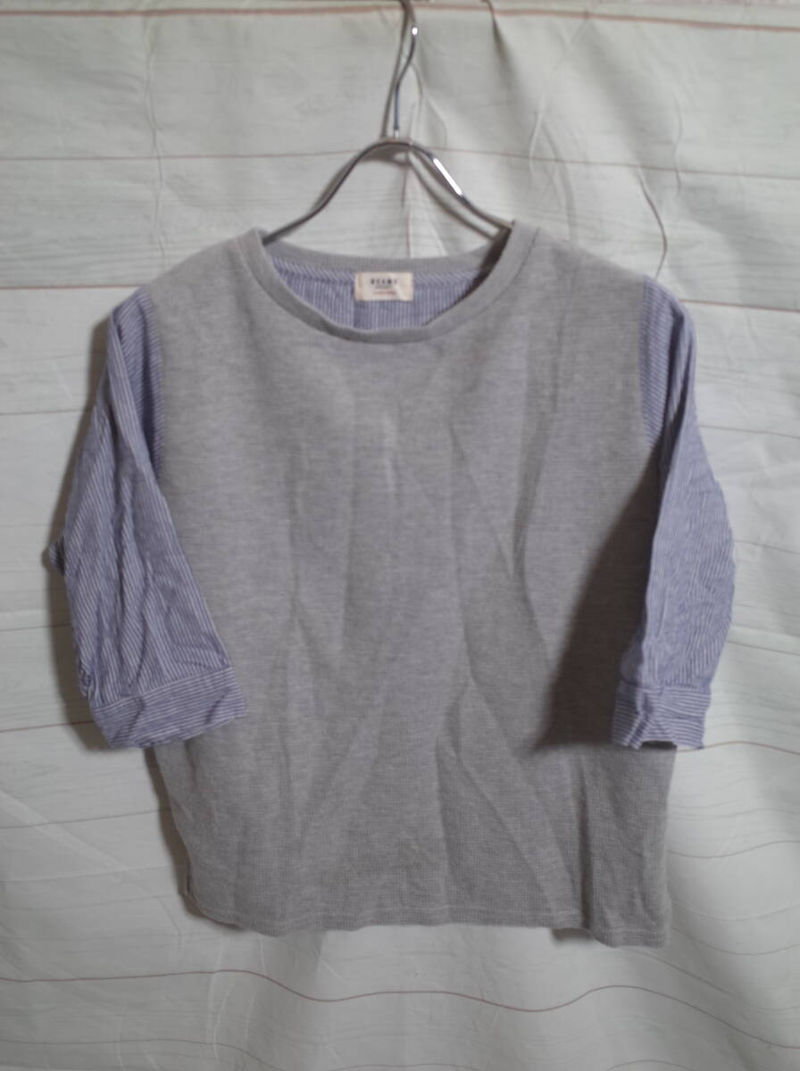 レディース pm574 BEAMS HEART ビームスハート ストライプ 切替 5分丈 Tシャツ カットソー グレー系 ネコポス可拍卖