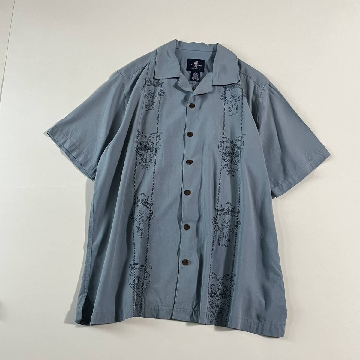 CARIBBEAN JOE カリビアンジョー シルク・絹100 縦ストライプ刺しゅう アロハシャツ 開襟・オープンカラー キューバシャツ ②拍卖