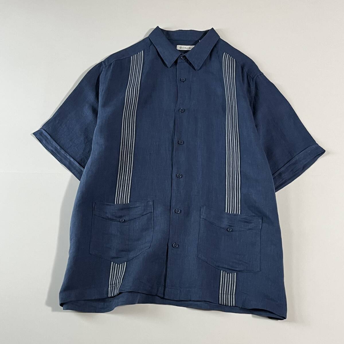 メンズXL // CUBAVERA キューバベラ 麻・リネン混 濃紺系縦ライン 4ポケット キューバシャツ ②拍卖