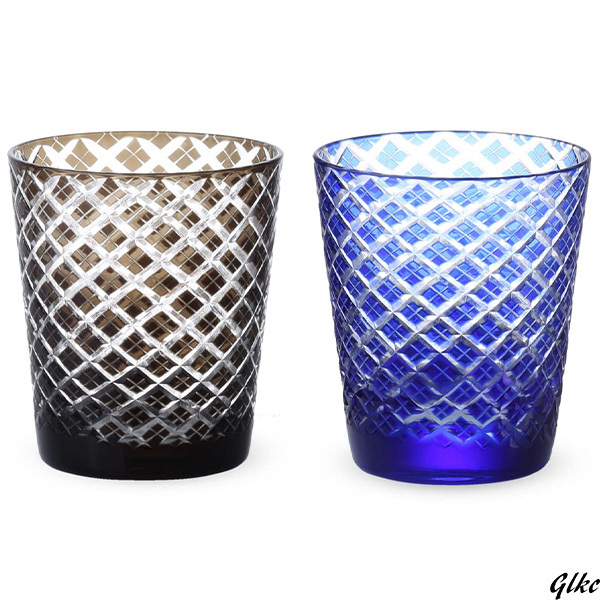 【ペア専用の木箱パッケージで贈り物にも最適】 切子グラス ペアギフト 高級 贈答品 記念日 プレゼント 結婚祝 上質グラス ブラウンブルー拍卖