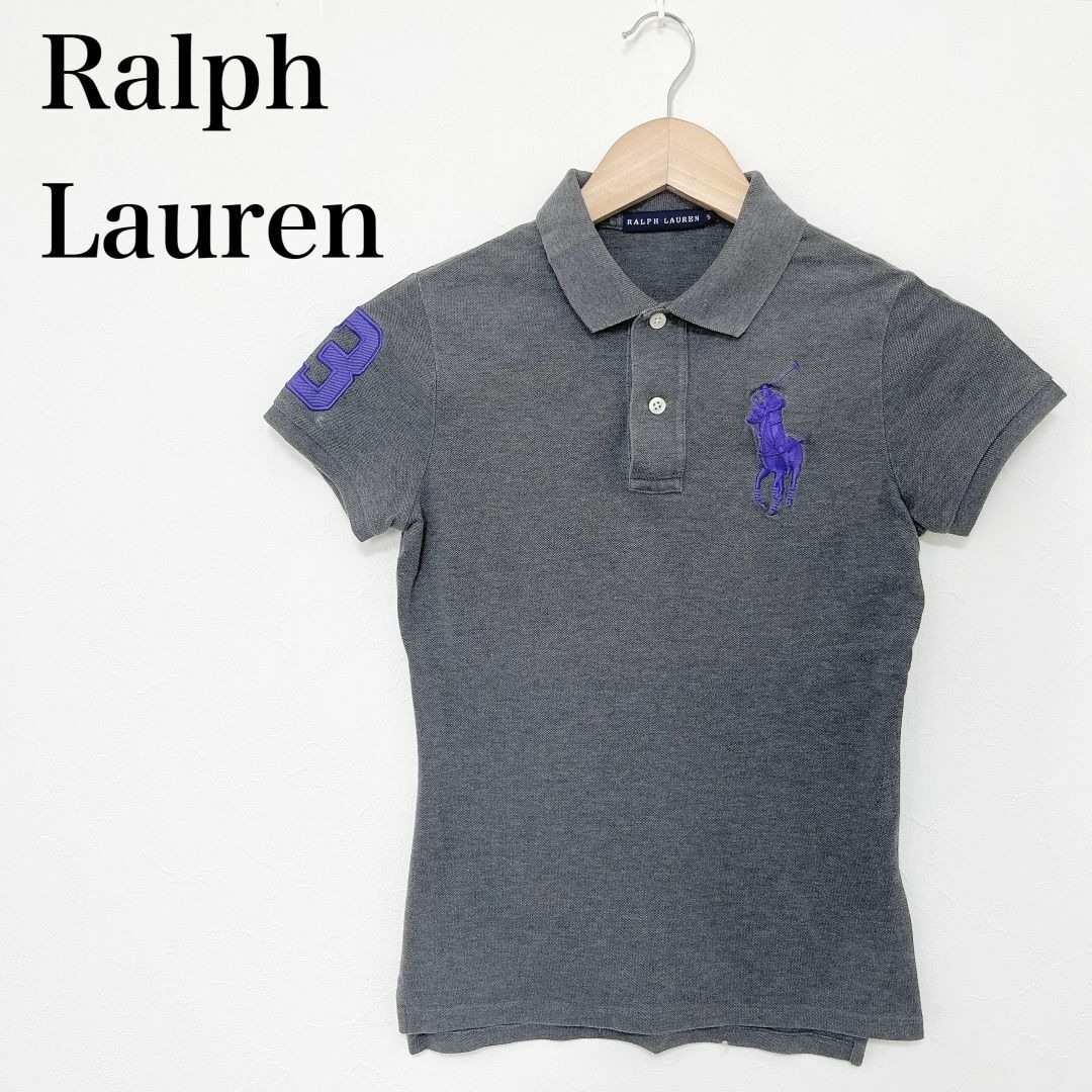◇ RALPH LAUREN ラルフローレントップス 半袖 ポロシャツ サイズ S ロゴ グレー 灰 パープル 紫 レディース 綿 コットン拍卖