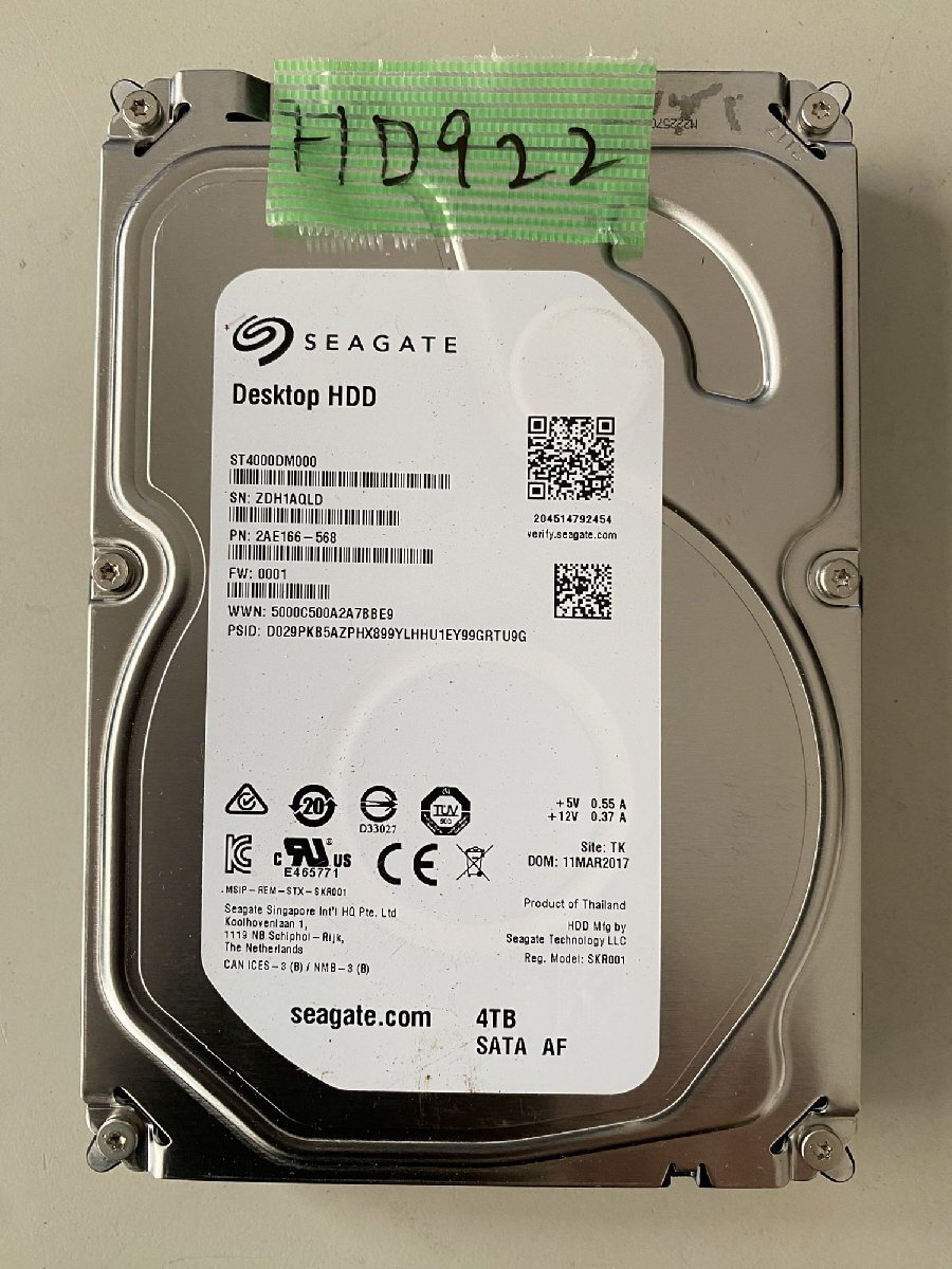 【送60サイズ】 SEAGATE ST4000DM000-2AE166 4TB 使用8907時間 3.5インチSATA HDD 中古品拍卖