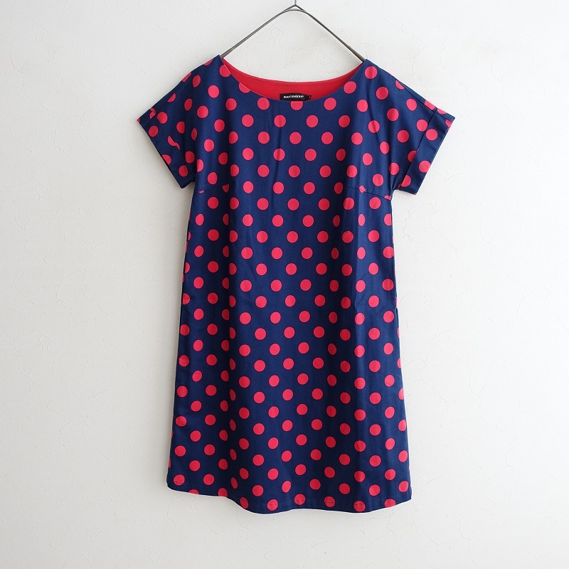 マリメッコ marimekko *ドットプリントボートネックAラインワンピース*XSネイビー×レッド裏地フレンチ袖(2-2506-275)【60G52】拍卖