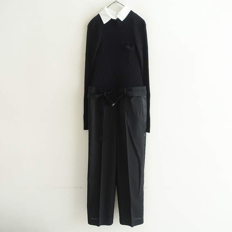 サカイ sacai *リブニット切替付け襟サイドラインオールインワン*1黒ブラック異素材切替センタープレス(33-2506-540)【22G52】拍卖
