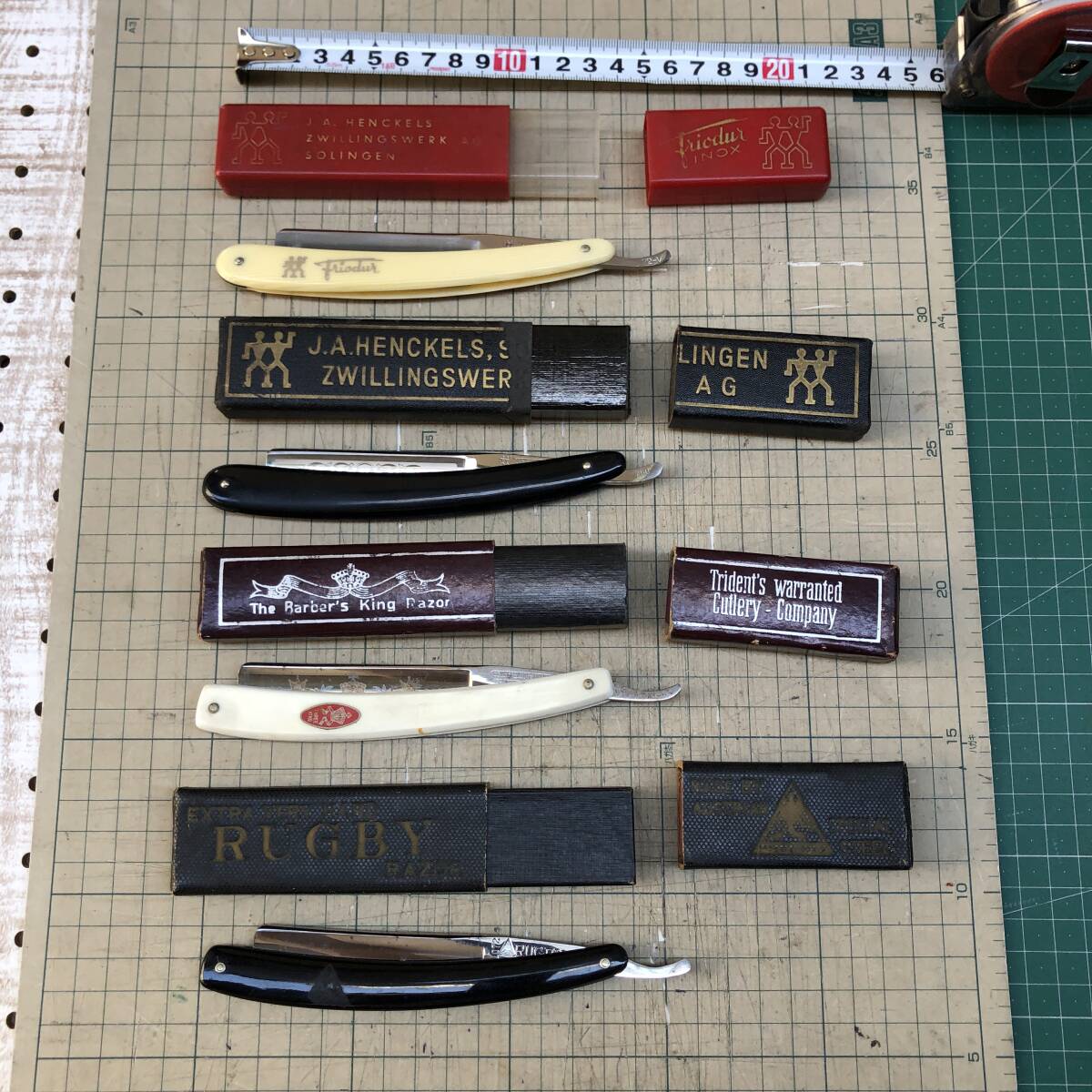 1円〜 美品 西洋カミソリ 4点 箱付 ▲ RUGBY、HENCKELS ヘンケルス SOLINGEN、THREE KING、 剃刀 RAZOR レザー 86Q拍卖