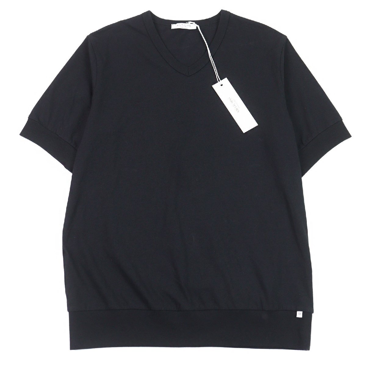 未使用品○ANTICIPO アンティーチポ INZOLIA インツォリア ロゴタグ付き スムースコットン Vネック リブ切替 半袖Tシャツ 黒 44 正規品拍卖