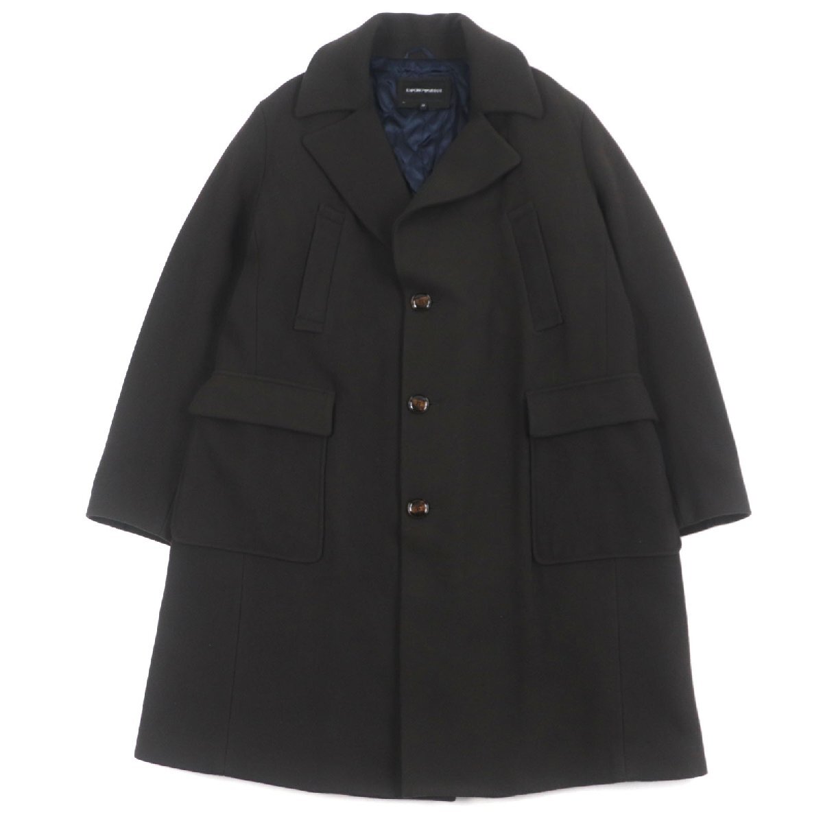 極美品▼EMPORIO ARMANI エンポリオ アルマーニ バージンウール80% ロゴ入りボタン 中綿入 シングル チェスターコート 50 正規品 メンズ拍卖