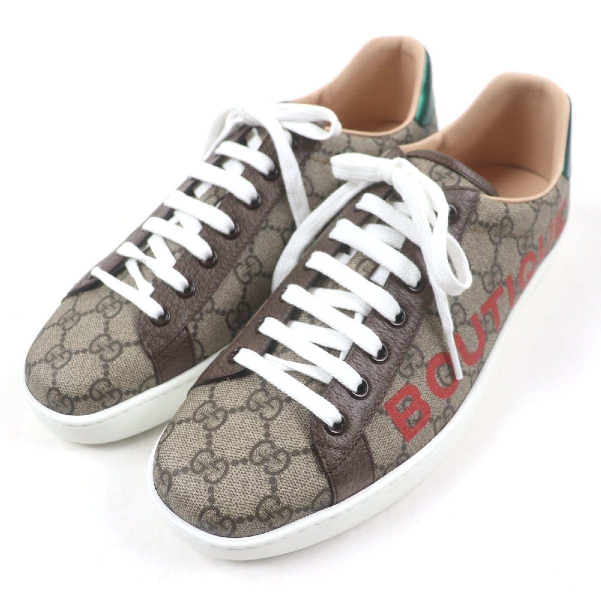 未使用品▼GUCCI グッチ 623236 ACE エース レザー使い GGスプリーム BOUTIQUE ローカットスニーカー ブラウン 8 箱・保存袋付き メンズ拍卖