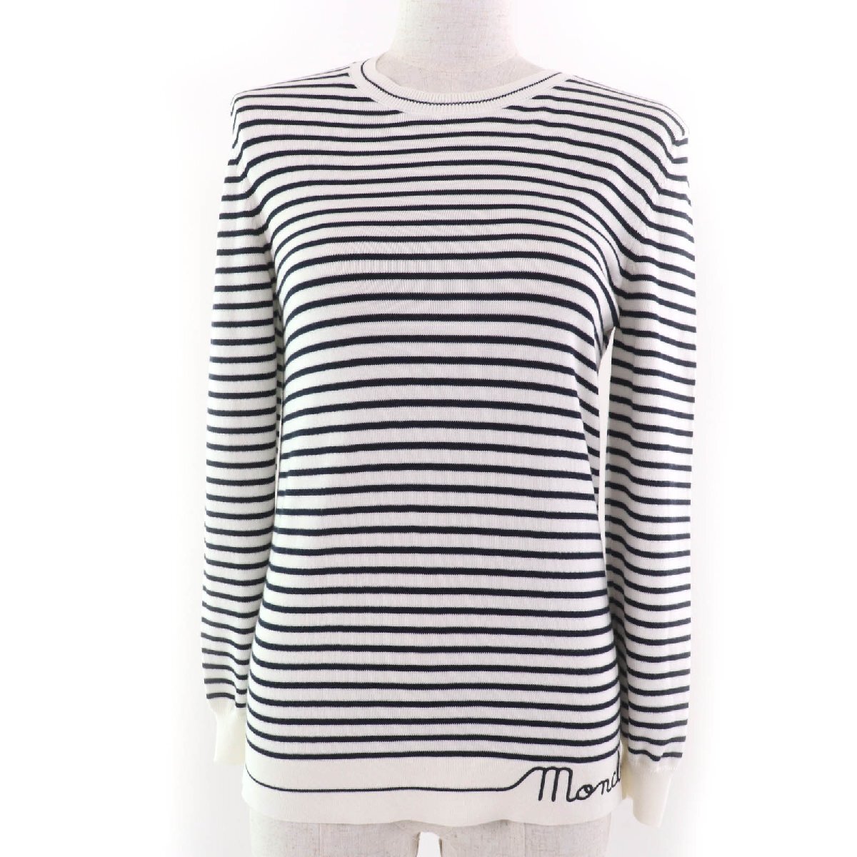 極美品☆MONCLER モンクレール 2021年製 コットン100% ロゴ入り ボーダー柄 長袖 ニット アイボリー ブラック XS 正規品 レディース拍卖
