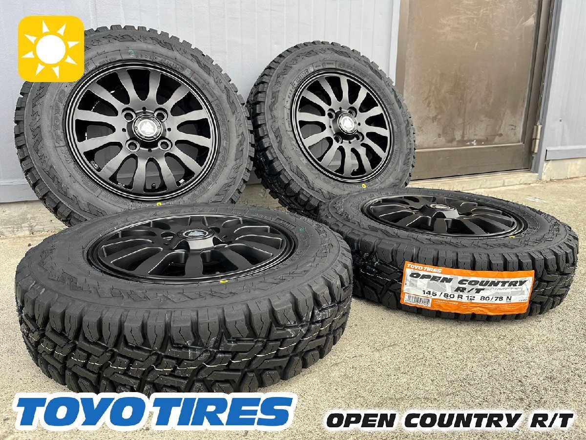 【新品4本セット】軽トラ 軽バン ハイゼット 12インチ トーヨータイヤ オープンカントリーRT 145/80R12 タイヤホイール MUD-Xii拍卖