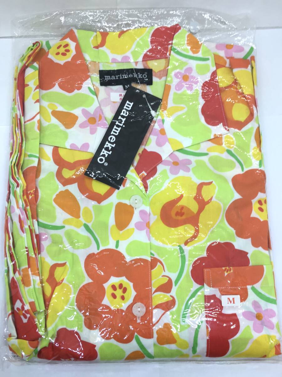 【未開封品】marimekko マリメッコ パジャマ ナイトウェア 上下 セットアップ 長袖 長ズボン 綿100% オレンジ系×グリーン サイズM拍卖