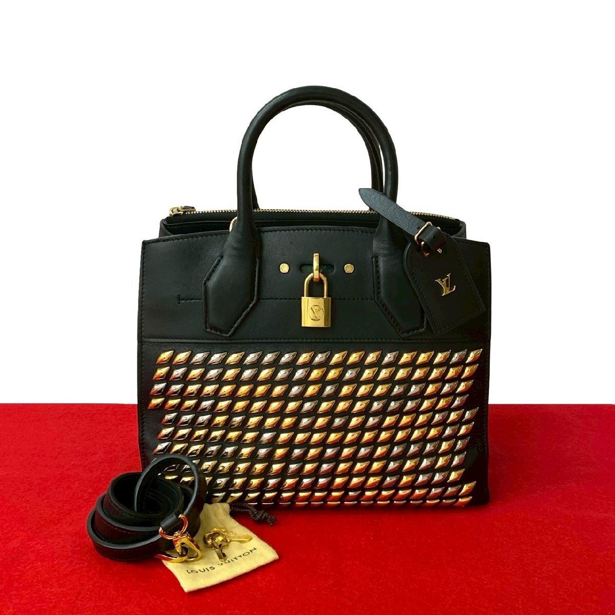極 美品 LOUIS VUITTON ルイヴィトン シティ スティーマー PM スタッズ カーフ レザー 2way ハンドバッグ ショルダーバッグ ブラック 37869拍卖