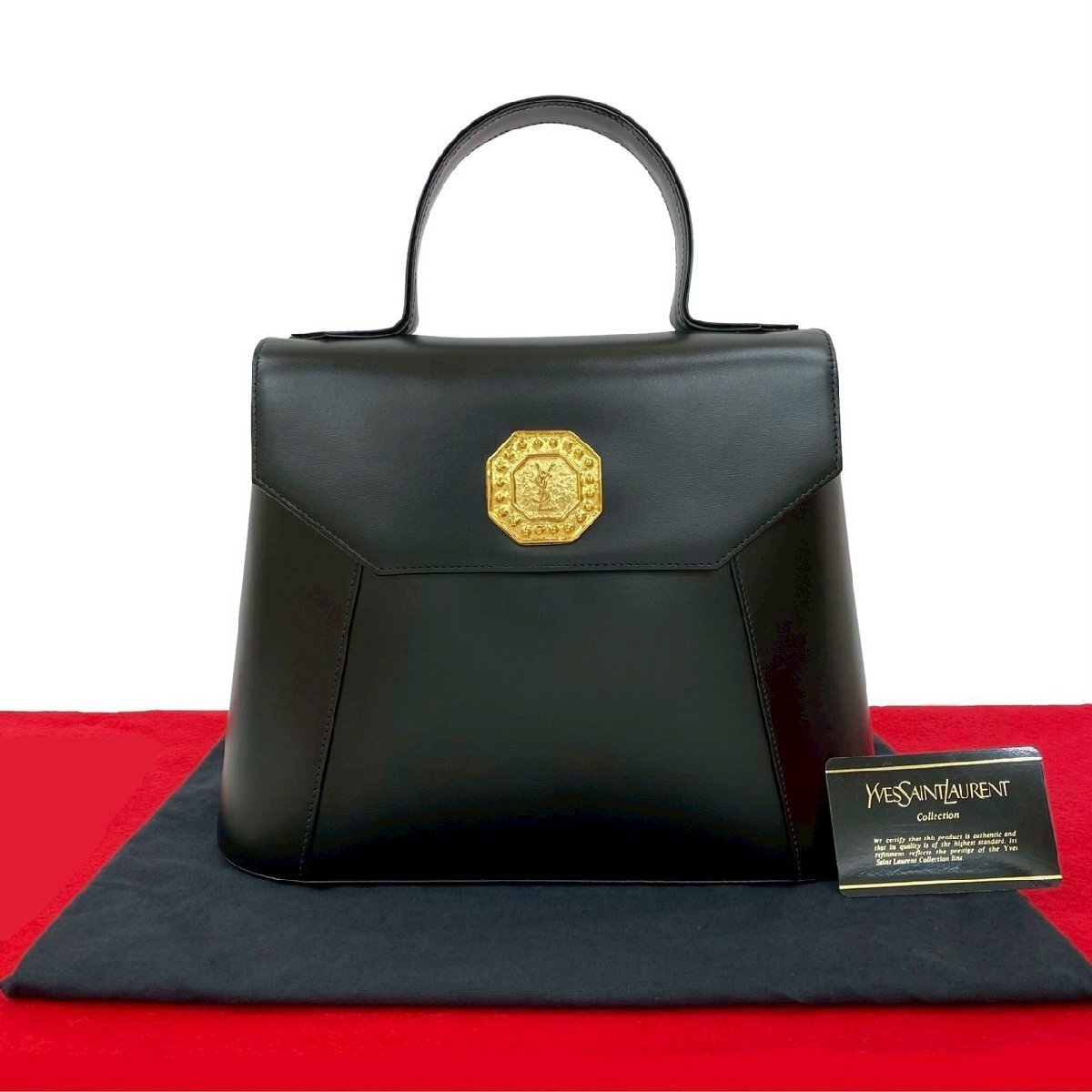 未使用保管品 袋付 YVES SAINT LAURENT イヴサンローラン YSL ロゴ 金具 レザー 本革 ハンドバッグ ミニ トートバッグ ブラック 93128拍卖