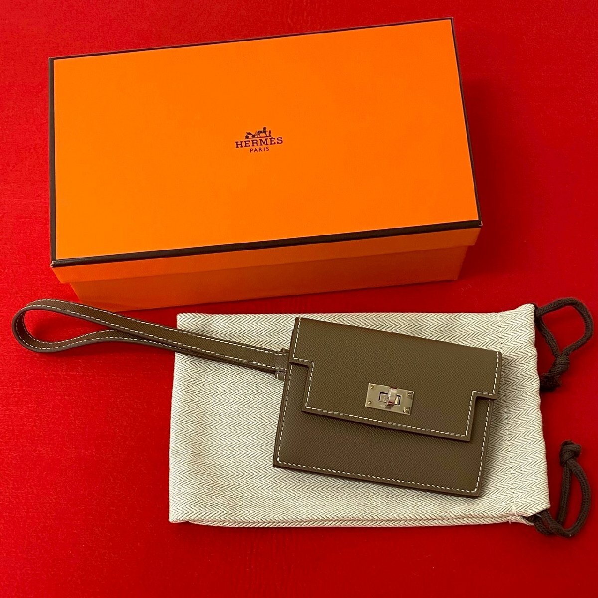 未使用保管品 箱 袋付 W 刻印 HERMES エルメス ケリーポケット スリム ウォレット ヴォーマダム レザー コインケース エトゥープ 36351拍卖