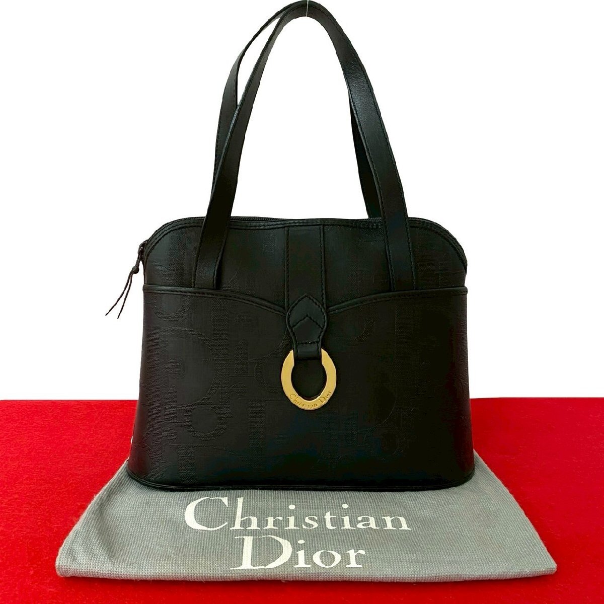 極 美品 袋付 Christian Dior クリスチャンディオール ロゴ 金具 トロッター 柄 レザー ハンドバッグ ミニ ボストンバッグ ブラック 24602拍卖