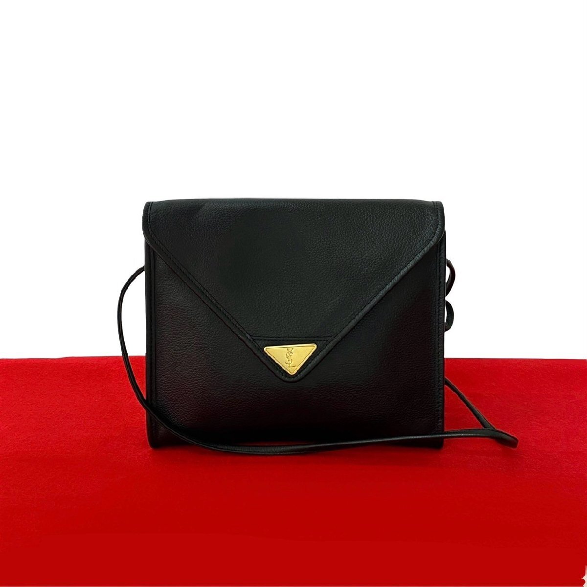 極 美品 YVES SAINT LAURENT イヴサンローラン ヴィンテージ YSL ロゴ 金具 レザー 本革 ショルダーバッグ ポシェット ブラック 37210拍卖