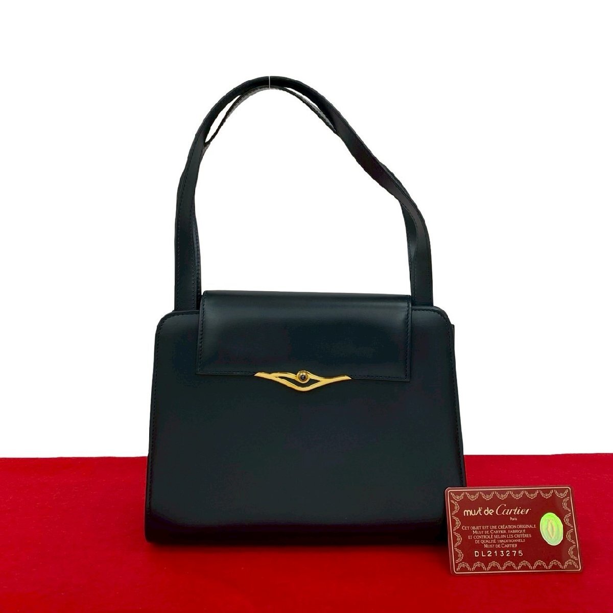 ほぼ未使用 CARTIER カルティエ ヴィンテージ サファイアライン カーフ レザー 本革 ハンドバッグ ミニ トートバッグ ネイビー 27357拍卖