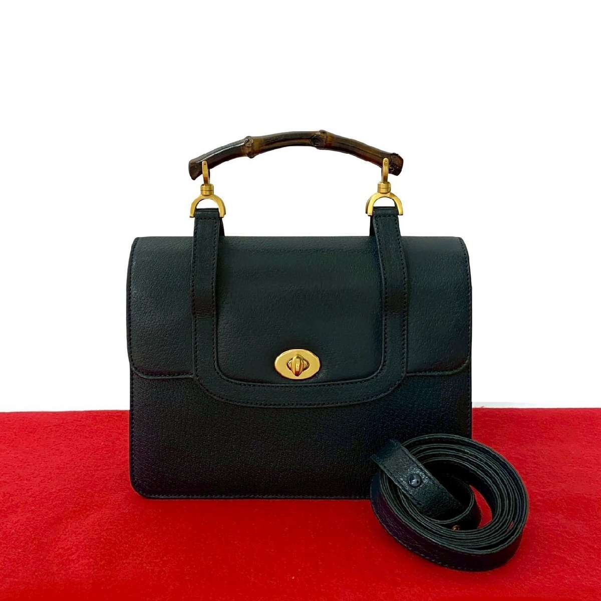 極 美品 GUCCI オールドグッチ ヴィンテージ バンブー ターンロック 金具 レザー 2way ハンドバッグ ショルダーバッグ ネイビー 37133拍卖