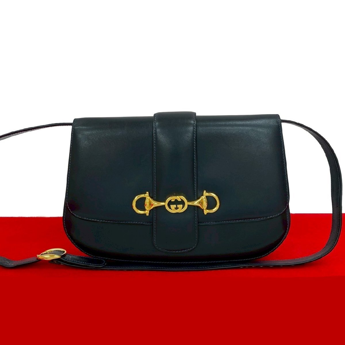 極 美品 GUCCI グッチ ヴィンテージ ホースビット GG ロゴ 金具 レザー 本革 ショルダーバッグ ポシェット サコッシュ ネイビー 39942拍卖