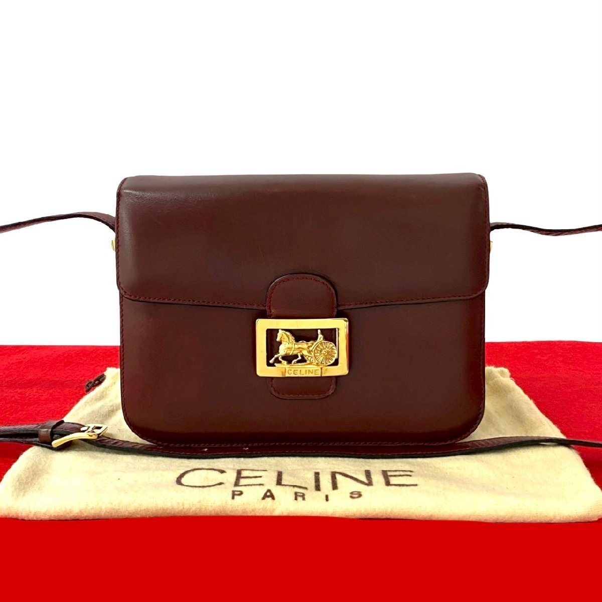 極 美品 保存袋付き CELINE セリーヌ ヴィンテージ ロゴ 馬車金具 レザー 本革 ショルダーバッグ ポシェット サコッシュ ボルドー 28500拍卖