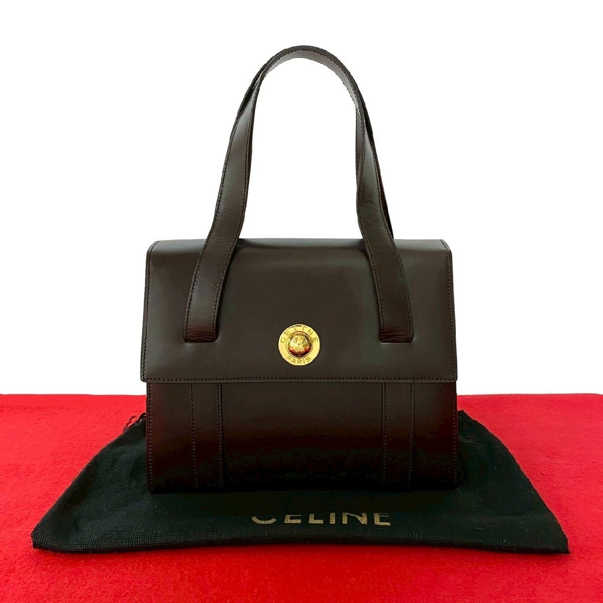 極 美品 袋付 CELINE セリーヌ ヴィンテージ スターボール 金具 レザー 本革 ハンドバッグ ミニ トートバッグ ブラウン 茶 34136拍卖