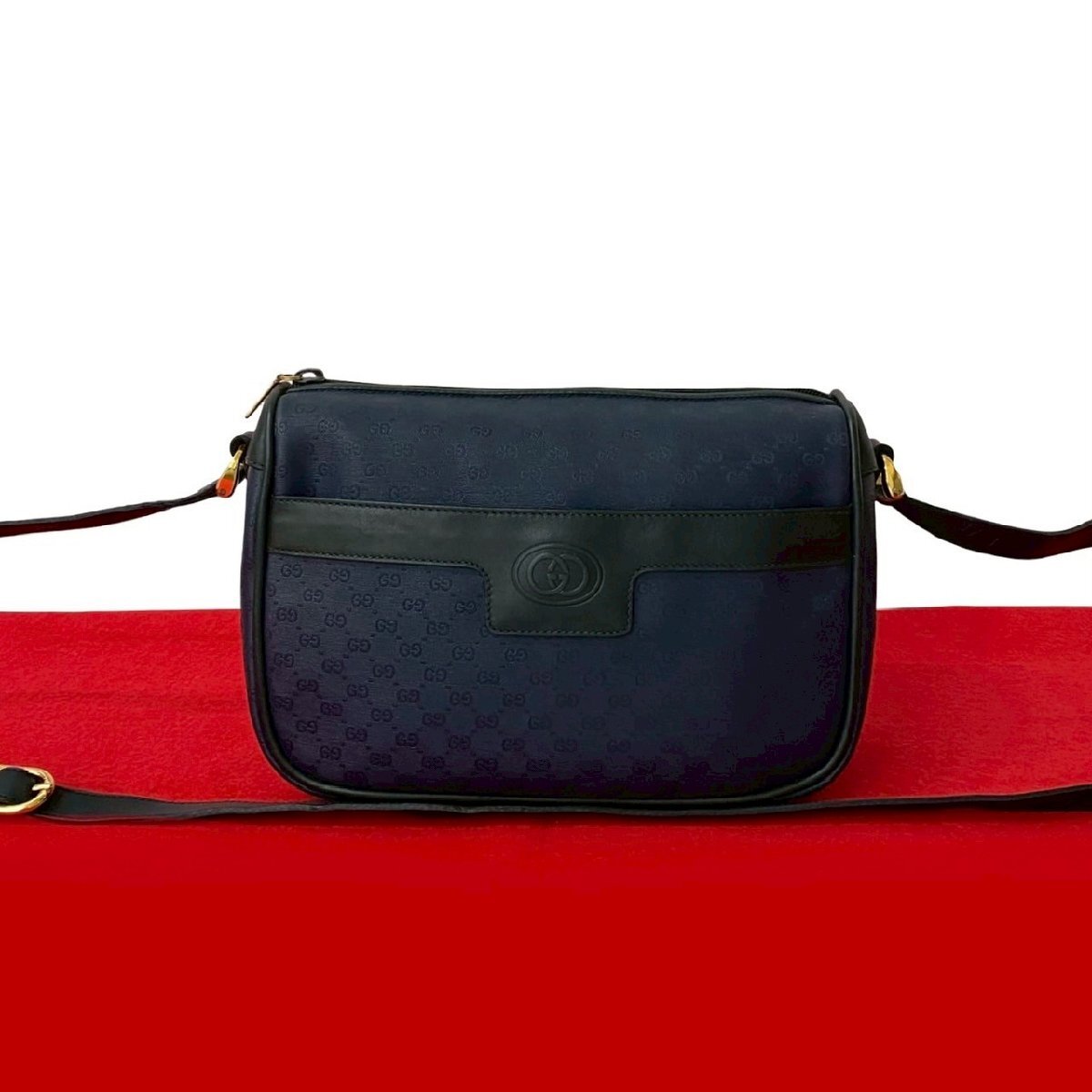 極 美品 GUCCI グッチ オールドグッチ ヴィンテージ マイクロ GG ロゴ レザー 本革 ショルダーバッグ ポシェット ネイビー ブラック 29502拍卖