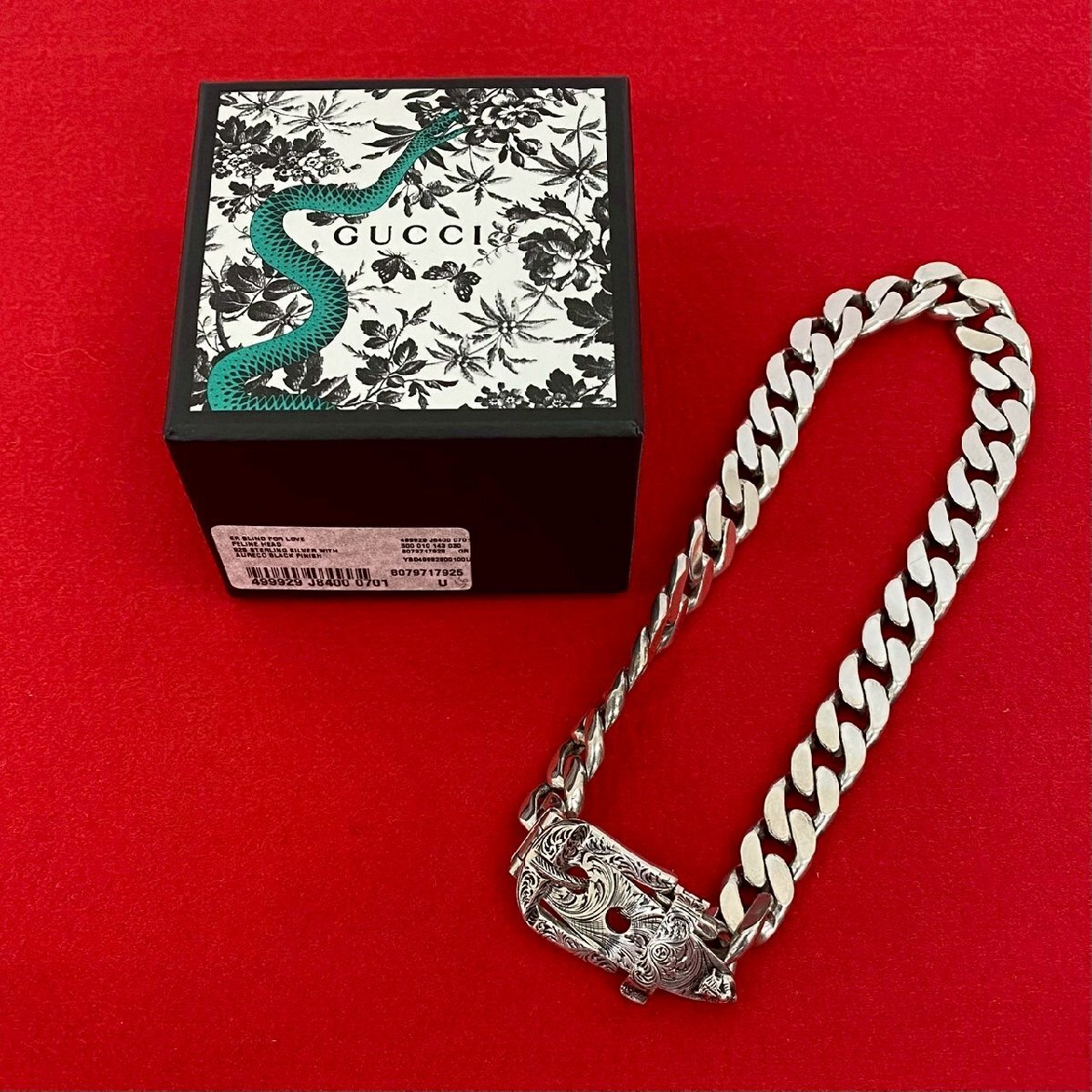 極 美品 箱 袋付き GUCCI グッチ アラベスク キャットヘッド 喜平ベルト チェーン ネックレス シルバー925 アクセサリー シルバー 68420拍卖