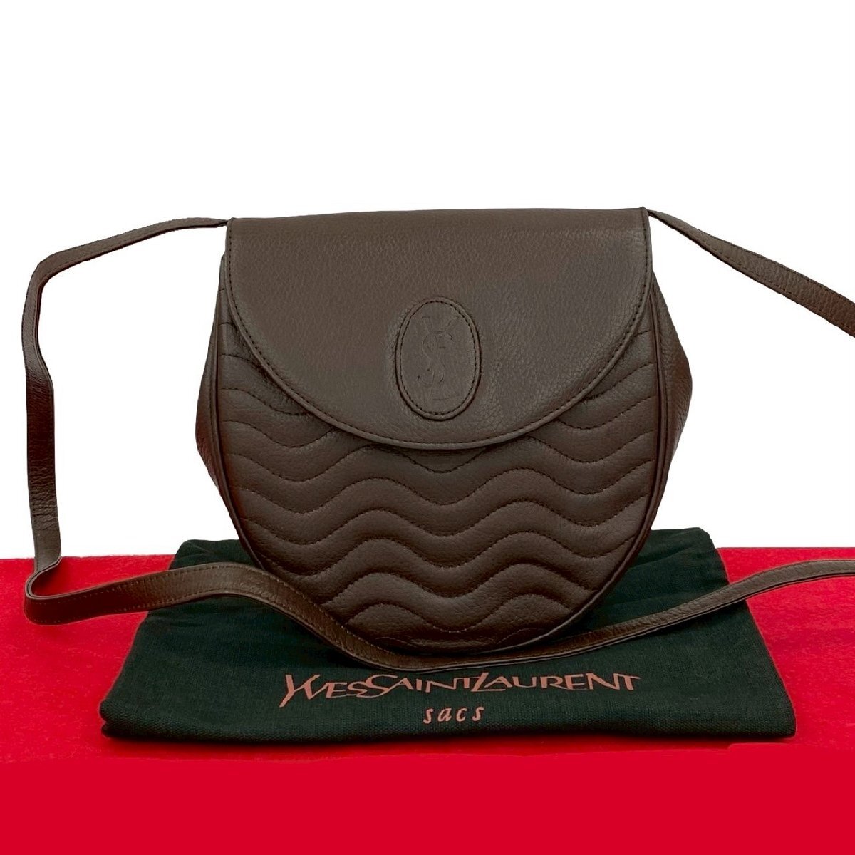 極 美品 袋付 YVES SAINT LAURENT イヴサンローラン ヴィンテージ YSL ロゴ レザー 本革 ショルダーバッグ ポシェット ブラウン 22536拍卖