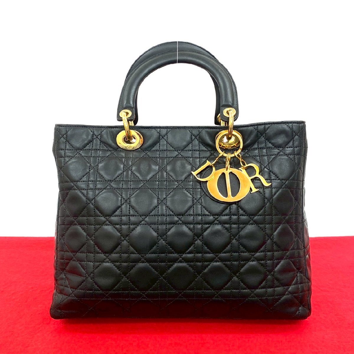 極 美品 Christian Dior ディオール レディディオール カナージュ ステッチ レザー 本革 ハンドバッグ ミニ トートバッグ ブラック 40940拍卖