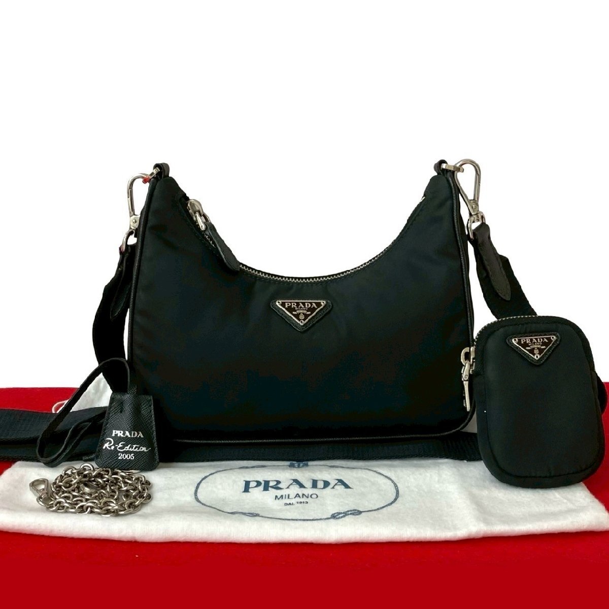 極 美品 袋付 PRADA プラダ Re-Edition 三角ロゴ ナイロン サフィアーノ レザー セミショルダーバッグ ショルダーバッグ ブラック a94-5拍卖