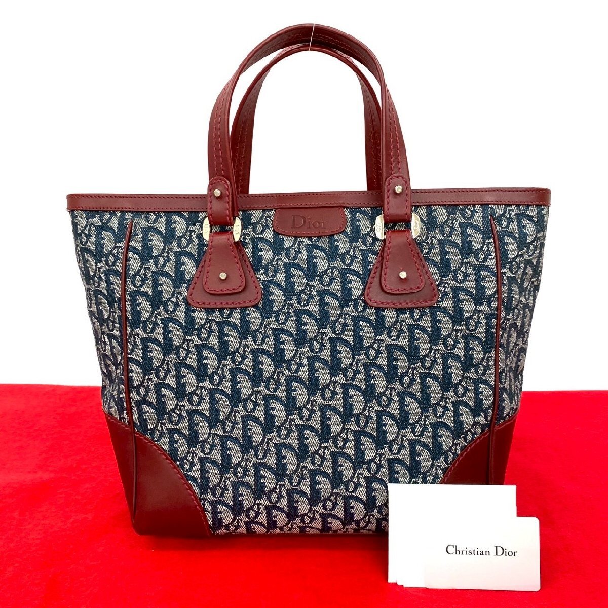 極 美品 Christian Dior ディオール ロゴ トロッター 柄 キャンバス レザー 本革 ハンドバッグ トートバッグ ボルドー ネイビー 27347拍卖