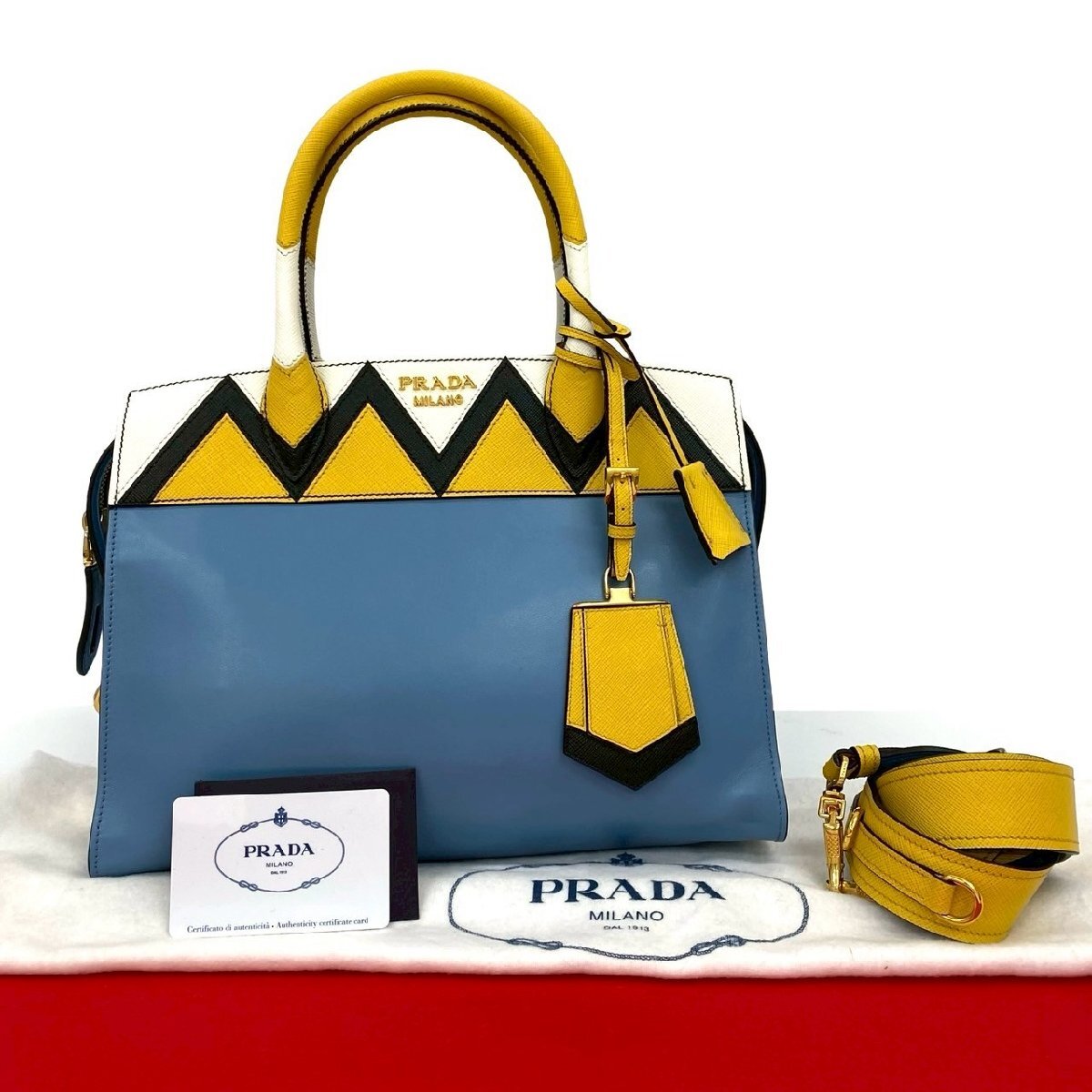 極 美品 袋付 PRADA プラダ エスプラナード ロゴ 金具 レザー 本革 2way ハンドバッグ ショルダーバッグ ブルー マルチカラー 15783拍卖