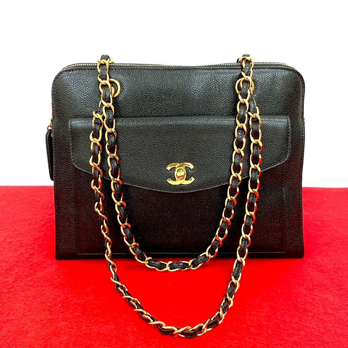 極 美品 シール有 5番台 CHANEL シャネル ココマーク キャビアスキン 本革 チェーン セミ ショルダーバッグ トートバッグ ブラック 02430拍卖