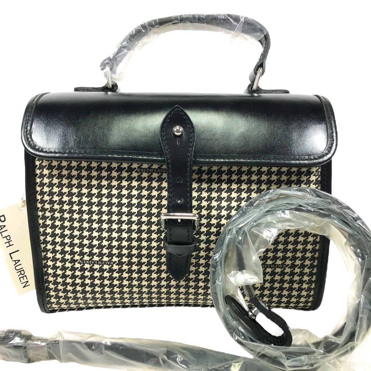 未使用品【ラルフローレン】本物 RALPH LAUREN ハンドバッグ 千鳥格子 黒色系 ショルダーバッグ PVC×レザー メンズ レディース拍卖
