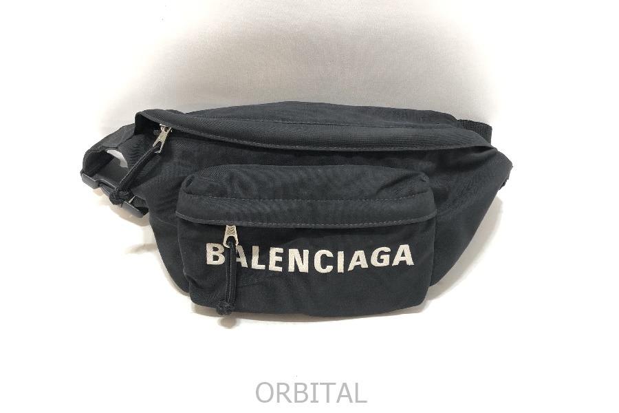 経堂) バレンシアガ BALENCIAGA ウィール WHEEL ベルトバッグ 533009 刺繍ロゴ ナイロン ウエストポーチ ブラック拍卖