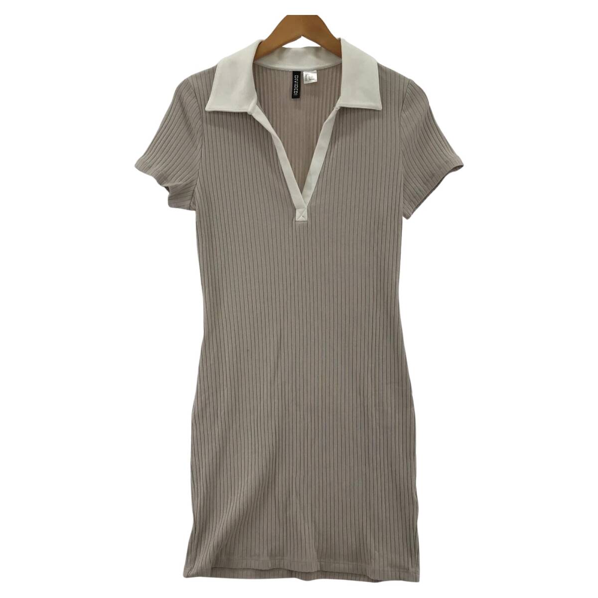 H&M エイチ・アンド・エム スキッパー リブ ミニ ワンピース sizeEUR L/グレージュ×ホワイト拍卖