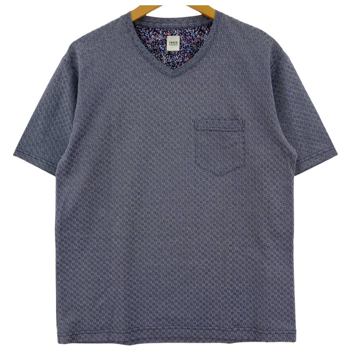 TAKEO KIKUCHI タケオキクチ Vネック 格子柄 半袖Tシャツ size2/ネイビー ゆうパケットOK拍卖
