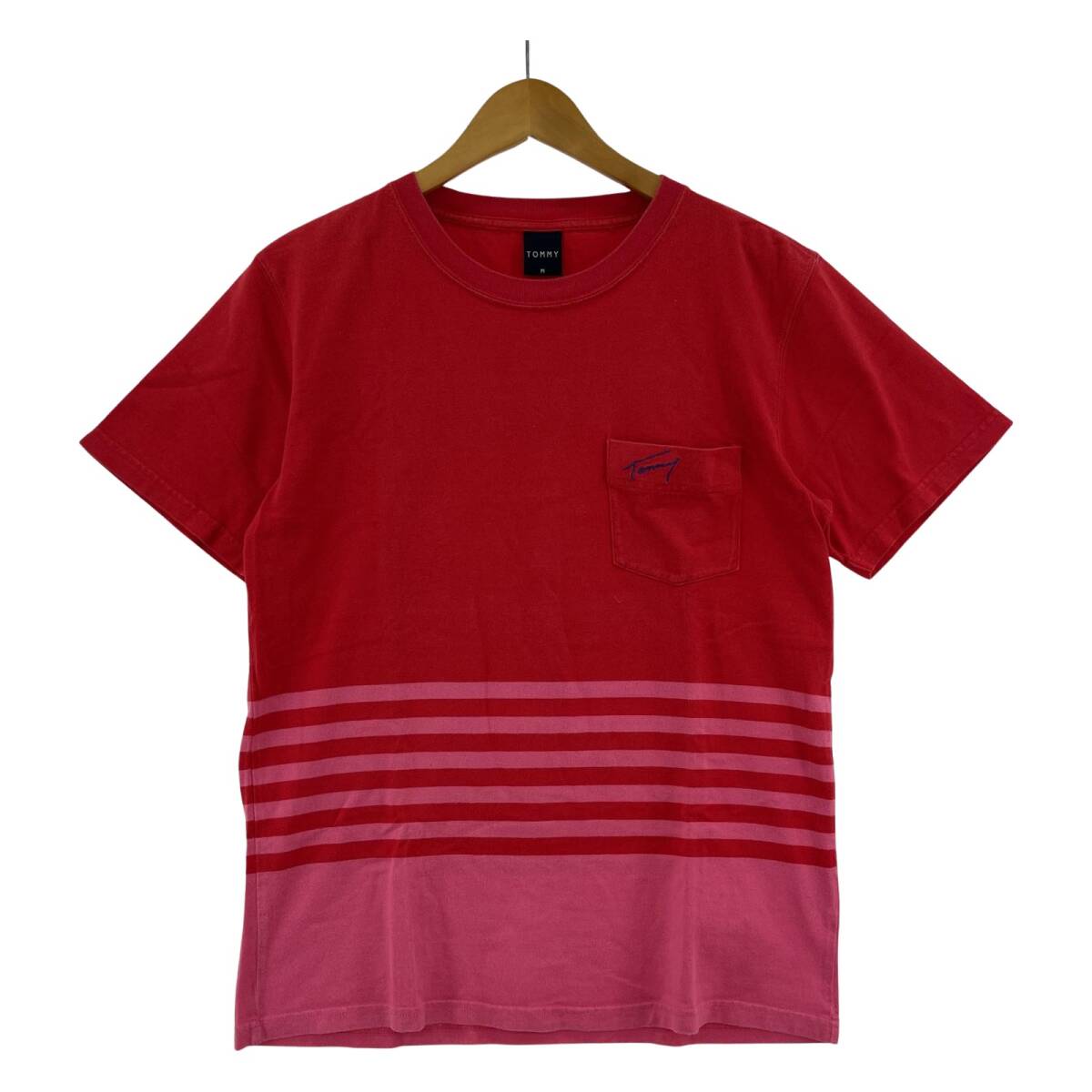 TOMMY トミー ボーダー ロゴ刺 半袖Tシャツ sizeM/レッド×ピンク ゆうパケットOK拍卖
