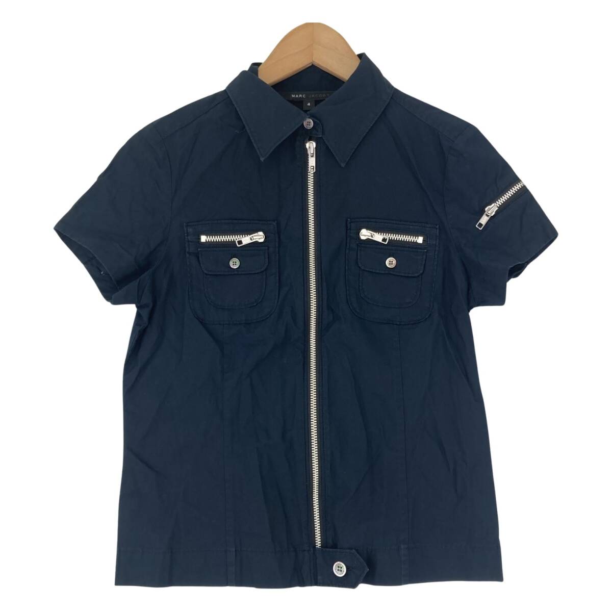 MARC JACOBS マークジェイコブス フロントジップアップ 半袖シャツ size4/ネイビー ゆうパケットOK拍卖