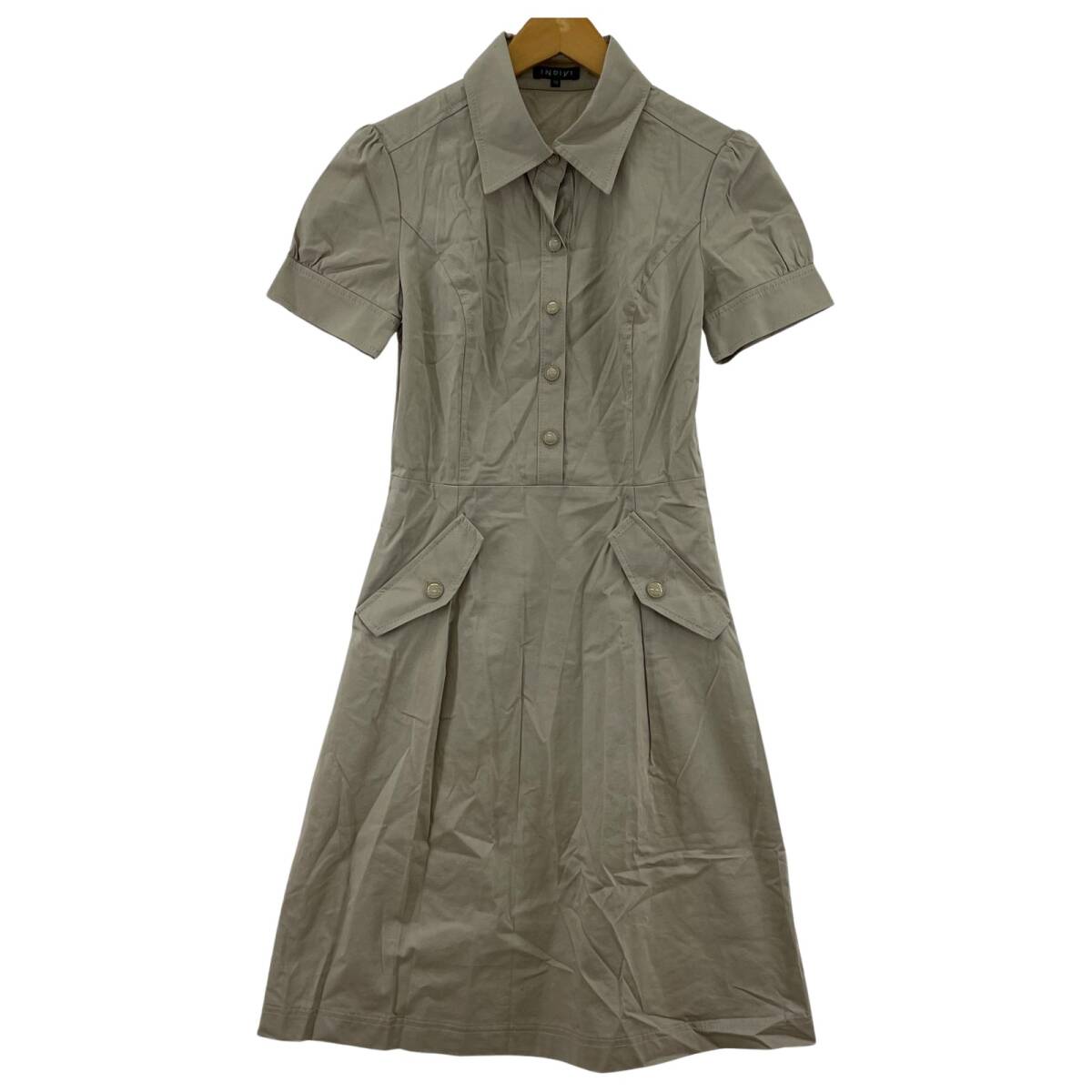 INDIVI インディヴィ 襟付き 半袖 ワンピース size36/グレージュ拍卖