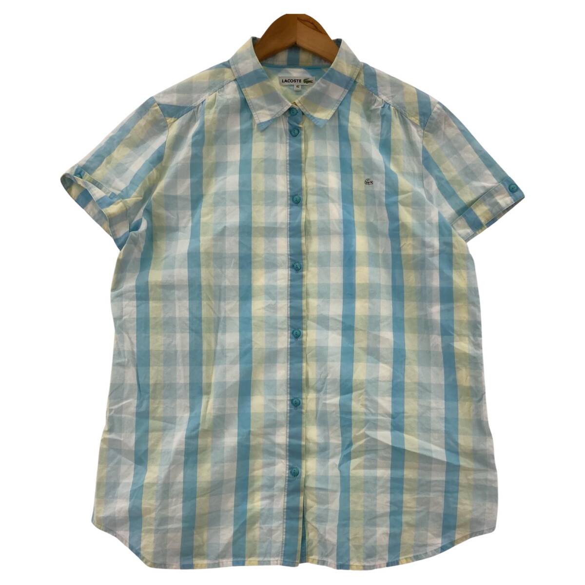 LACOSTE ラコステ チェック柄 半袖シャツ size42/ライトブルー×ライトイエロー ゆうパケットOK拍卖
