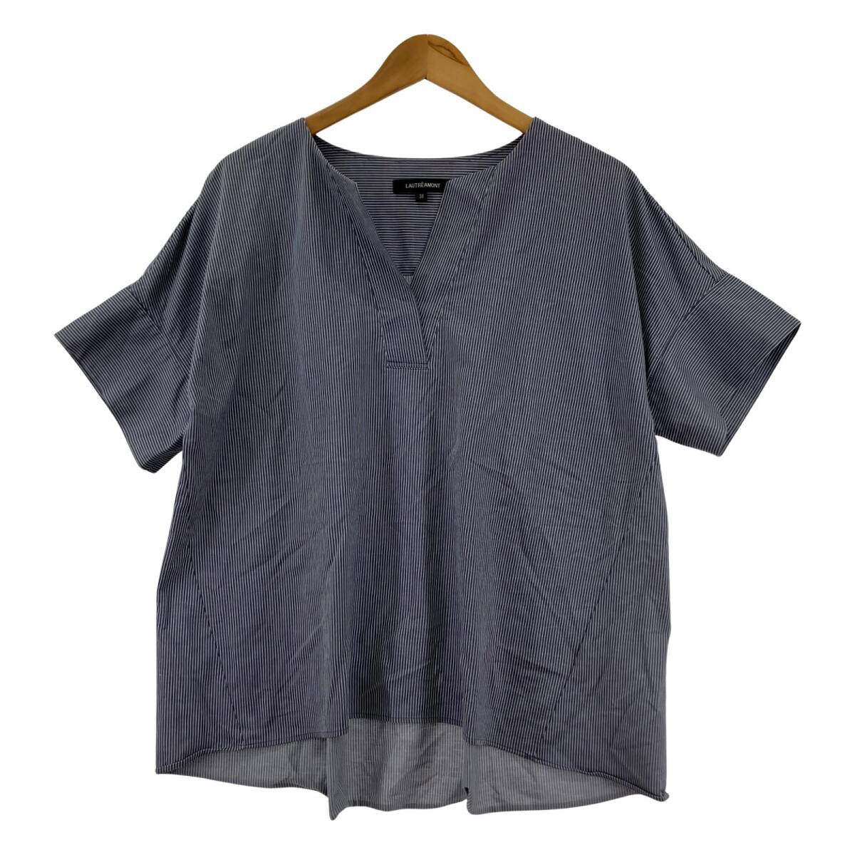 LAUTREAMONT ロートレアモン スリットネック ストライプ ブラウス size38/ネイビー ゆうパケットOK拍卖