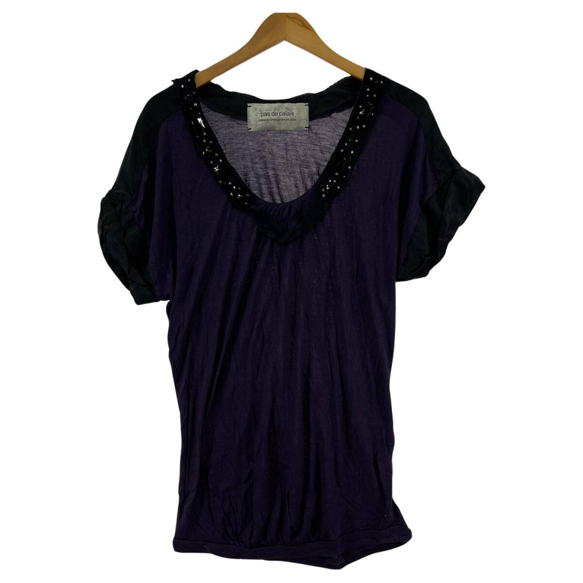 pas de calais パドカレ ビジュー ラウンドネック カットソー size38/パープル ゆうパケットOK拍卖