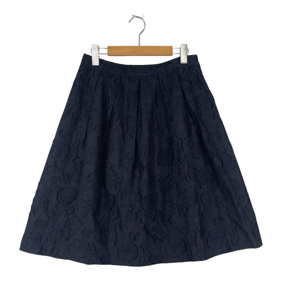 NATURAL BEAUTY ナチュラルビューティー ジャガード総柄 Aライン スカート size40/ネイビー ゆうパケットOK拍卖