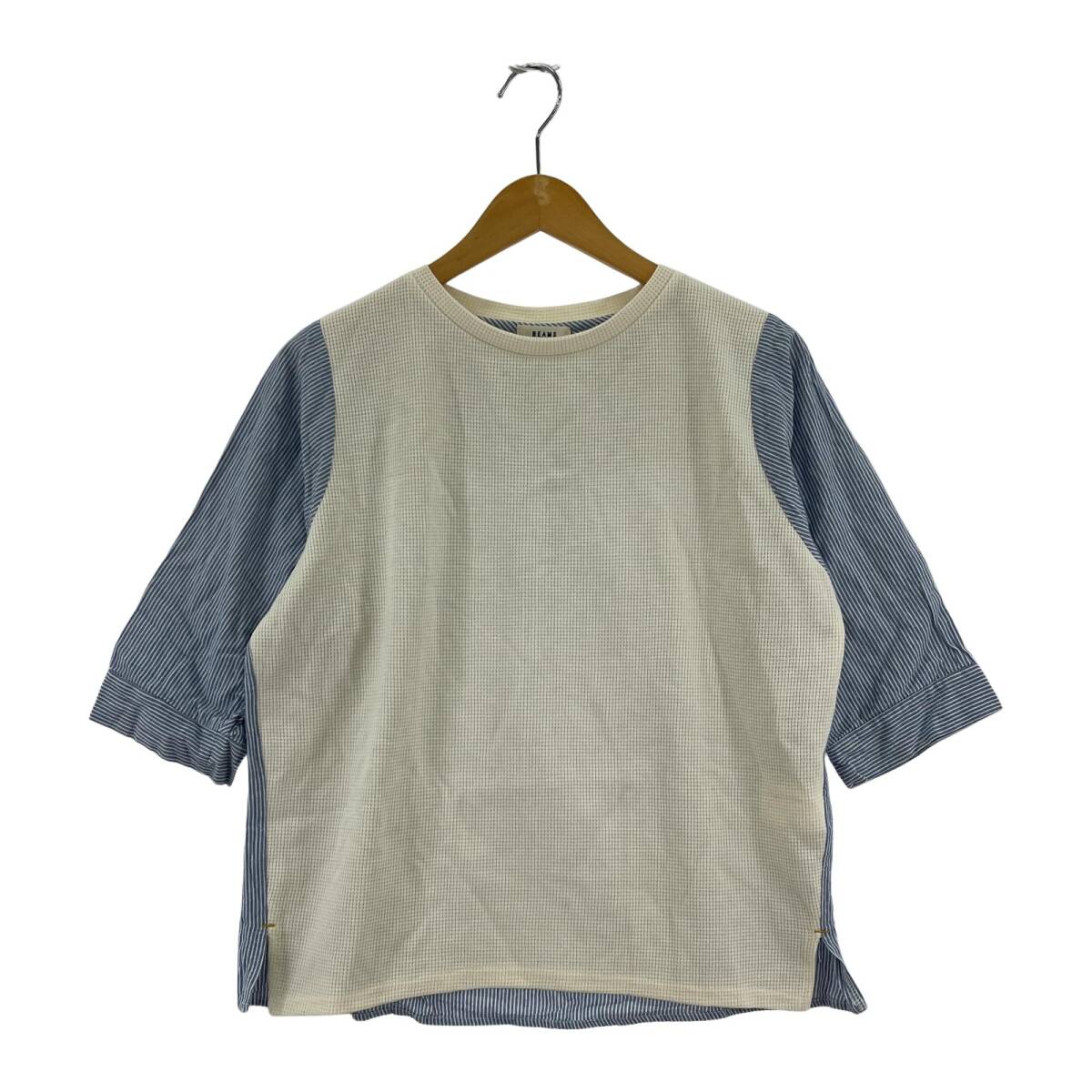 BEAMS HEART ビームスハート ストライプ ワッフル 切替 五分袖 カットソー size表記なし/オフホワイト×ブルー拍卖