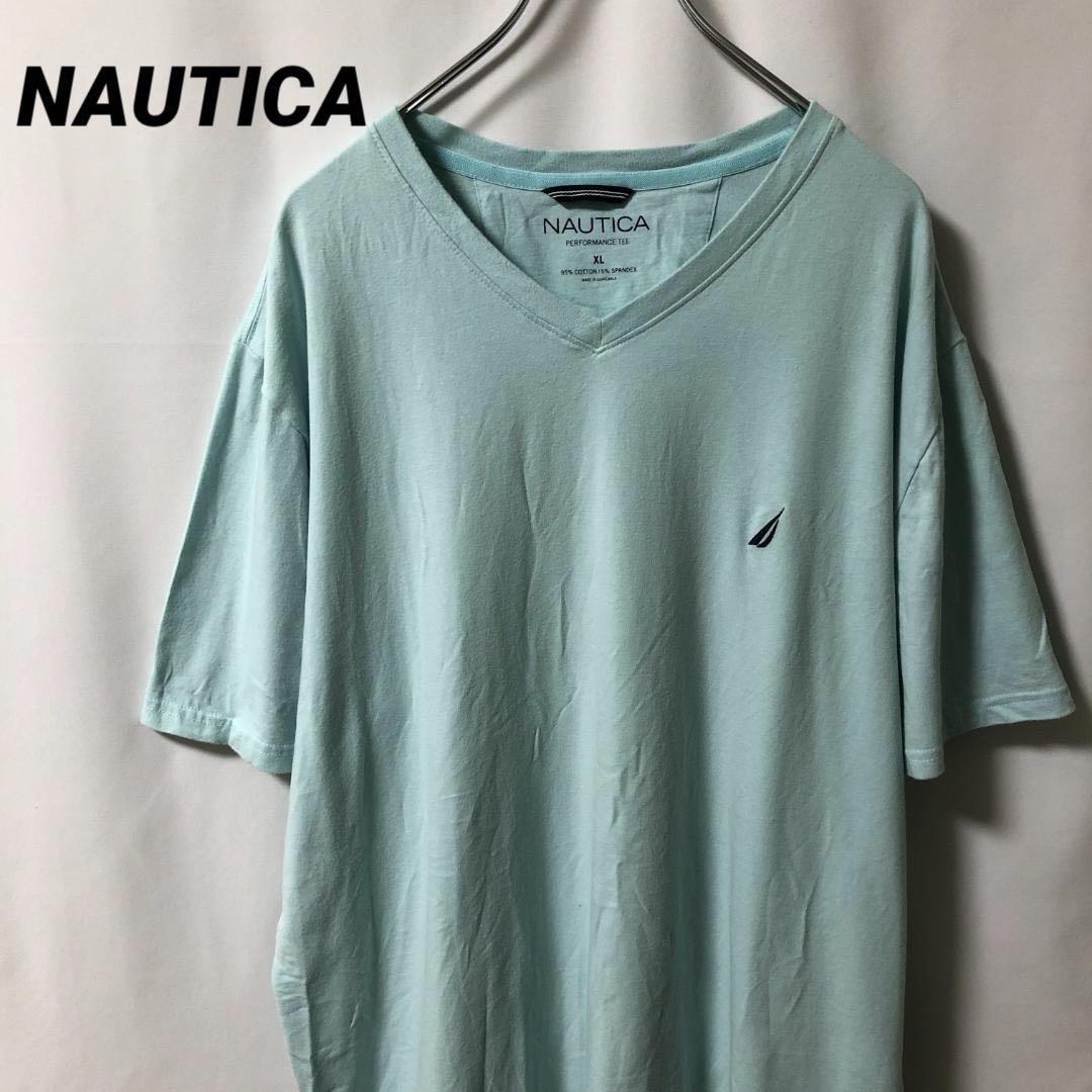 N-4848 NAUTICA ノーティカ アメリカ古着 Vネック Tシャツ 半袖 ワンポイント ロゴ 刺繍 XL メンズ拍卖
