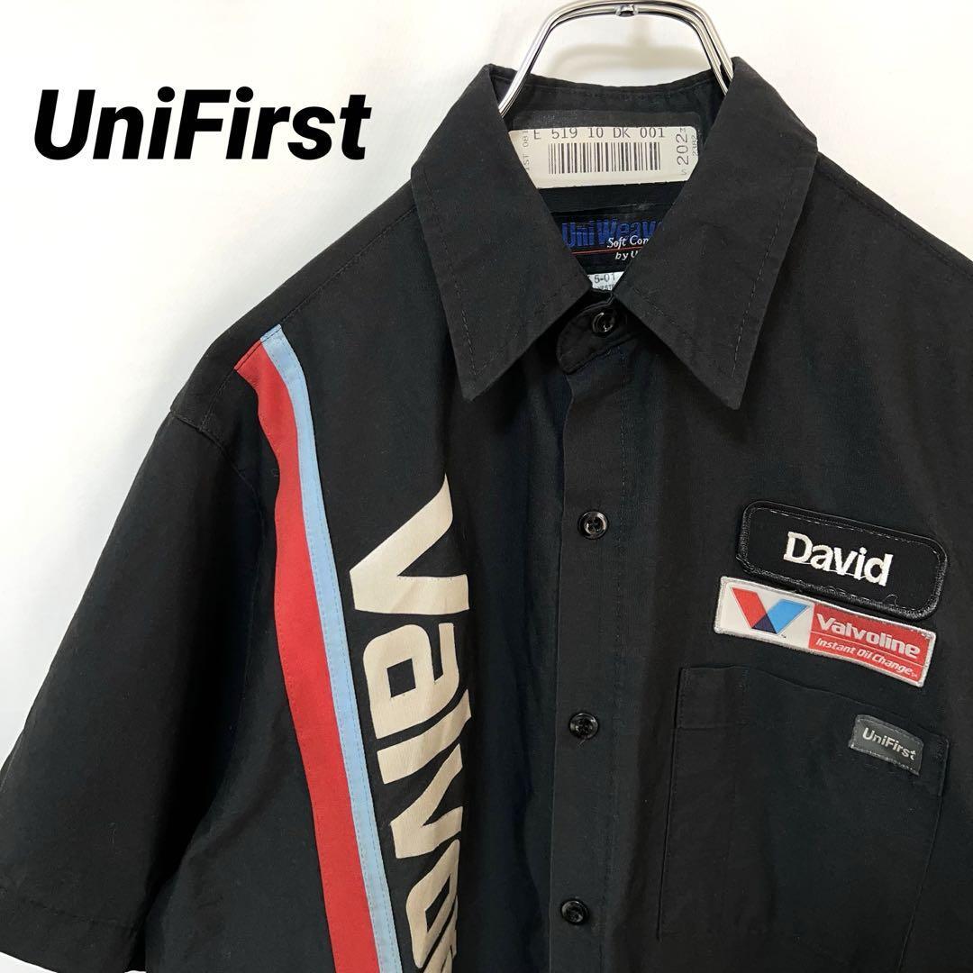N-5037 UniFirst ユニファースト アメリカ古着 ワークシャツ 半袖 企業ロゴ 刺繍 ワッペン 星条旗 M ブラック 黒シャツ メンズ拍卖