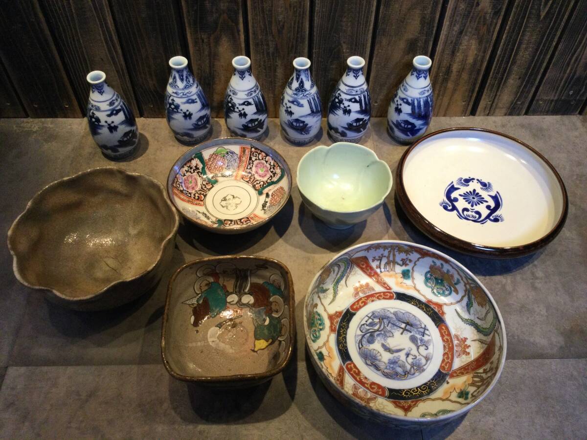 時代物 和食器 染付 手描皿 徳利 なます皿 平皿 骨董品 12点まとめて 古陶磁器 旧家蔵出し 長期保管品 ジャンク 拍卖