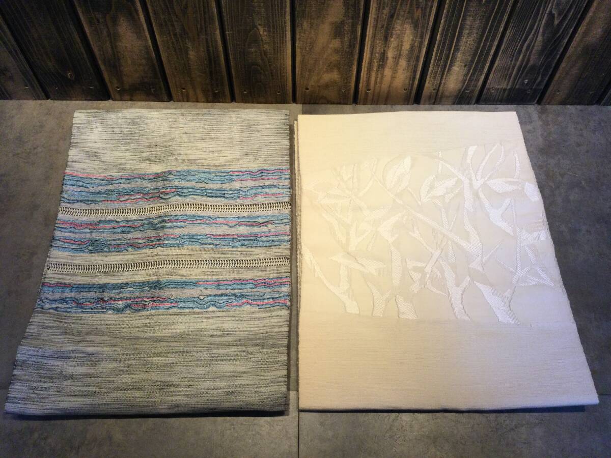 中古品 高級 正絹 刺繍 袋帯 帯2枚セット 着物 和装 グレー・ホワイト系⑤ ジャンク品拍卖