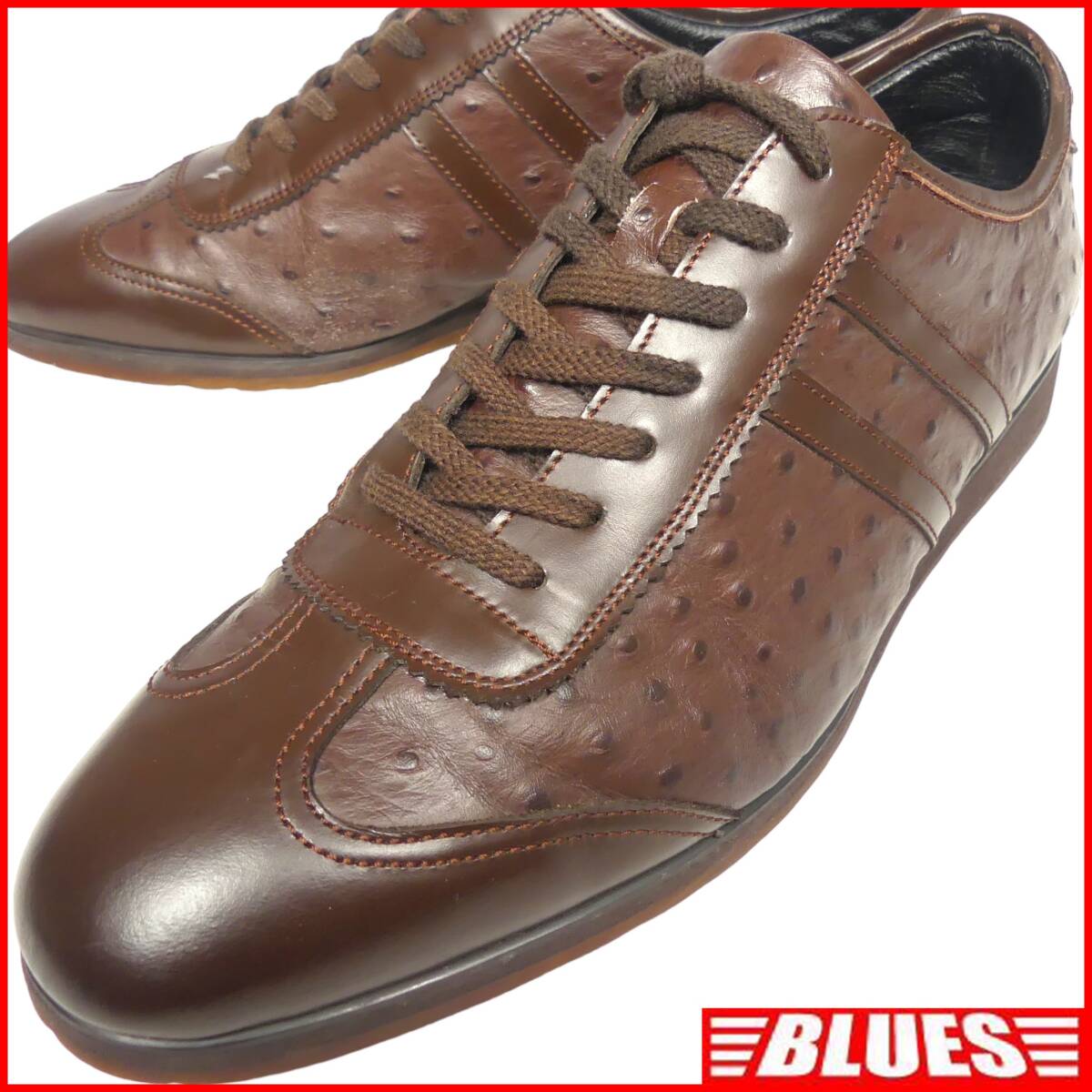 即決★London Sports★25.5cm レザースニーカー ロンドンスポーツ メンズ 茶 オーストリッチ型押し 本革 本皮 革靴拍卖